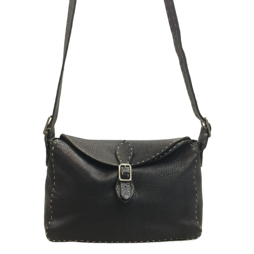 Fendi Selleria Black Leather Front Snap Flap Shoulder Bag Black